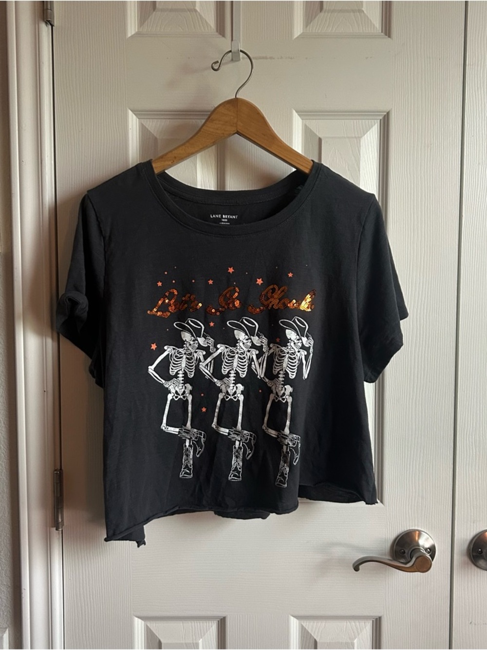 Lane Bryant grey & orange sequin rough cropped Lets Go Ghouls short sleeve tee